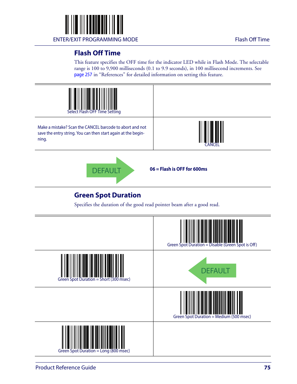 Flash off time, Green spot duration, Flash off time green spot duration | Lash, Reen, Uration, Default | Wasp Barcode WLS9600 Product Reference Guide User Manual | Page 85 / 306