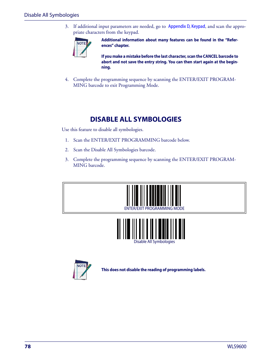 Disable all symbologies | Wasp Barcode WLS9600 Product Reference Guide User Manual | Page 88 / 306