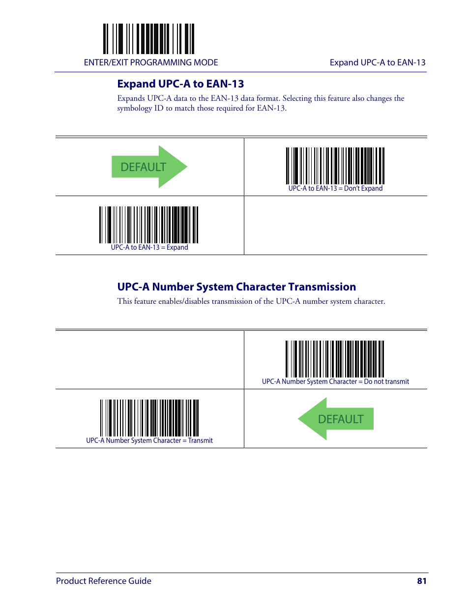 Expand upc-a to ean-13, Upc-a number system character transmission, Default | Wasp Barcode WLS9600 Product Reference Guide User Manual | Page 91 / 306