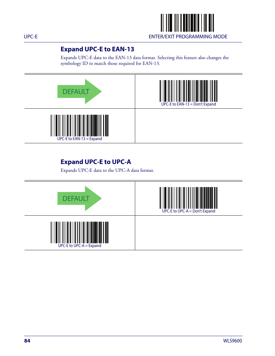 Expand upc-e to ean-13, Expand upc-e to upc-a, Expand upc-e to ean-13 expand upc-e to upc-a | Default | Wasp Barcode WLS9600 Product Reference Guide User Manual | Page 94 / 306