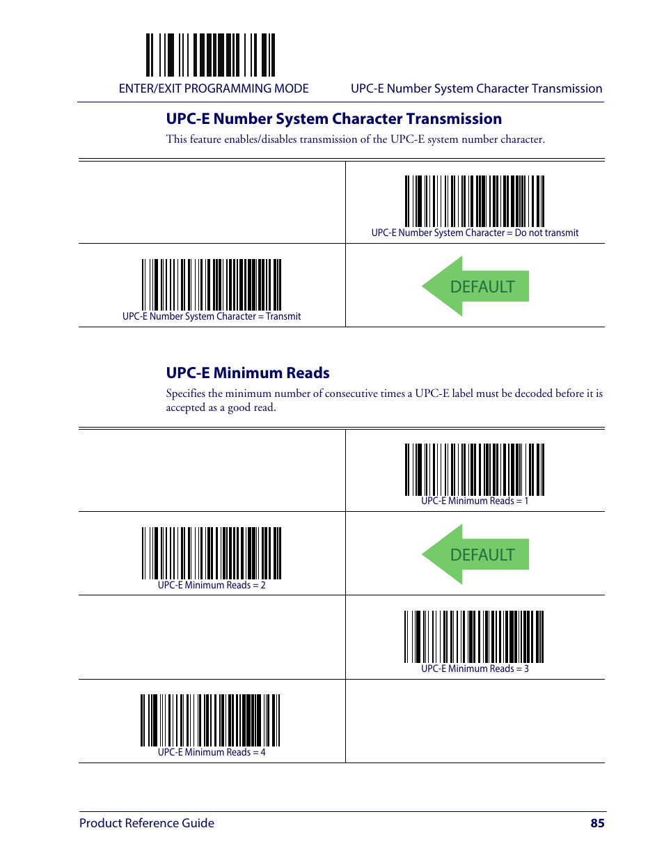Upc-e number system character transmission, Upc-e minimum reads, Default | Wasp Barcode WLS9600 Product Reference Guide User Manual | Page 95 / 306