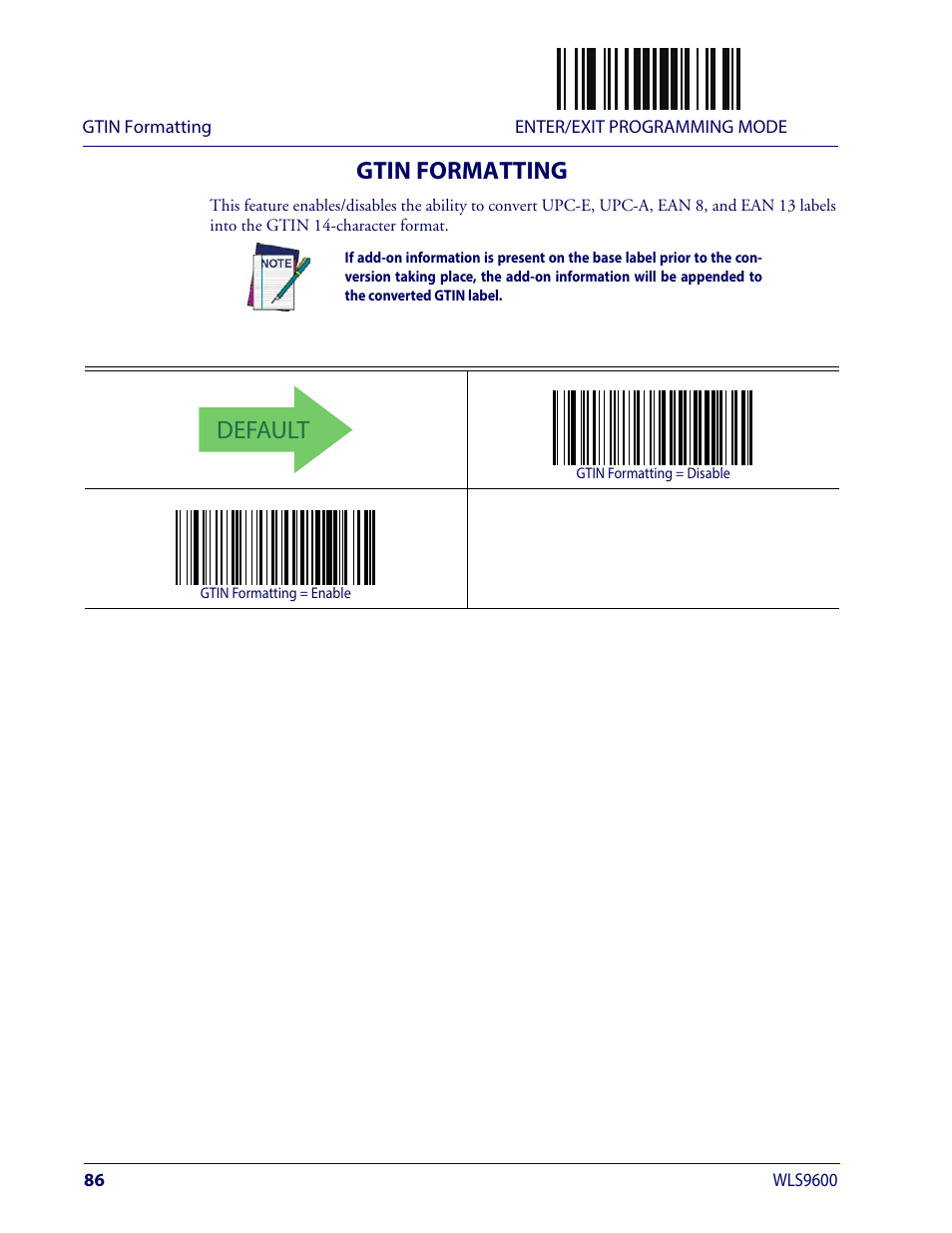 Gtin formatting, Default | Wasp Barcode WLS9600 Product Reference Guide User Manual | Page 96 / 306