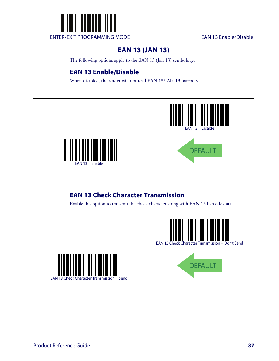 Ean 13 (jan 13), Ean 13 enable/disable, Ean 13 check character transmission | Default | Wasp Barcode WLS9600 Product Reference Guide User Manual | Page 97 / 306