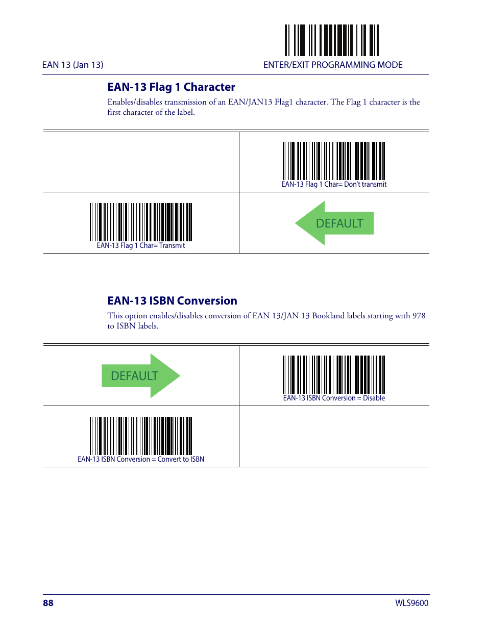 Ean-13 flag 1 character, Ean-13 isbn conversion, Ean-13 flag 1 character ean-13 isbn conversion | Default | Wasp Barcode WLS9600 Product Reference Guide User Manual | Page 98 / 306