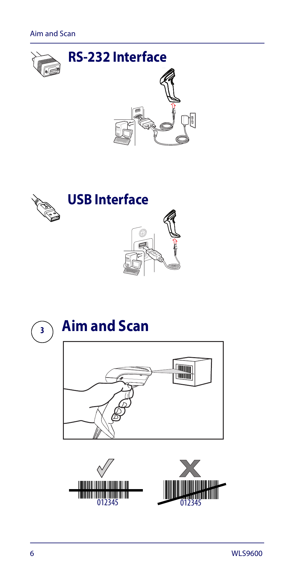 Rs-232 interface, Usb interface, Aim and scan | Rs-232 interface usb interface | Wasp Barcode WLS9600 Quick Reference Guide User Manual | Page 10 / 32