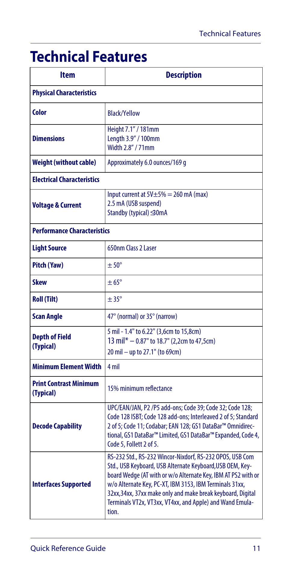 Technical features | Wasp Barcode WLS9600 Quick Reference Guide User Manual | Page 15 / 32