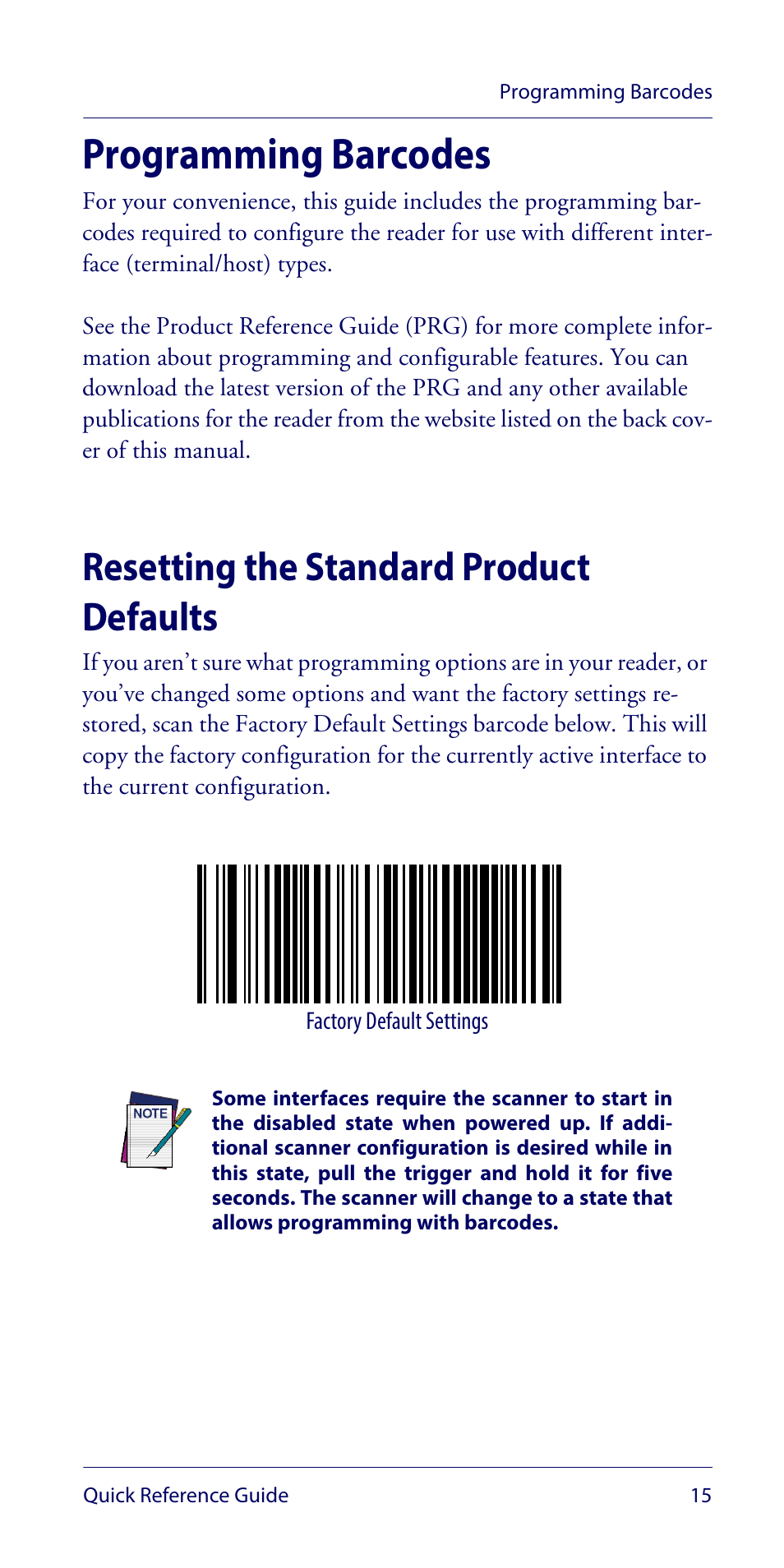 Programming barcodes, Resetting the standard product defaults, Programming barcodes quick reference guide 15 | Wasp Barcode WLS9600 Quick Reference Guide User Manual | Page 19 / 32