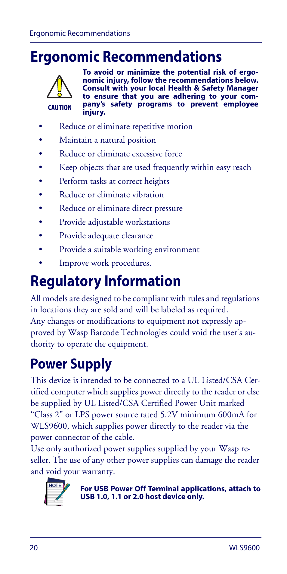 Ergonomic recommendations, Regulatory information, Power supply | Ergonomic recommendations regulatory information | Wasp Barcode WLS9600 Quick Reference Guide User Manual | Page 24 / 32