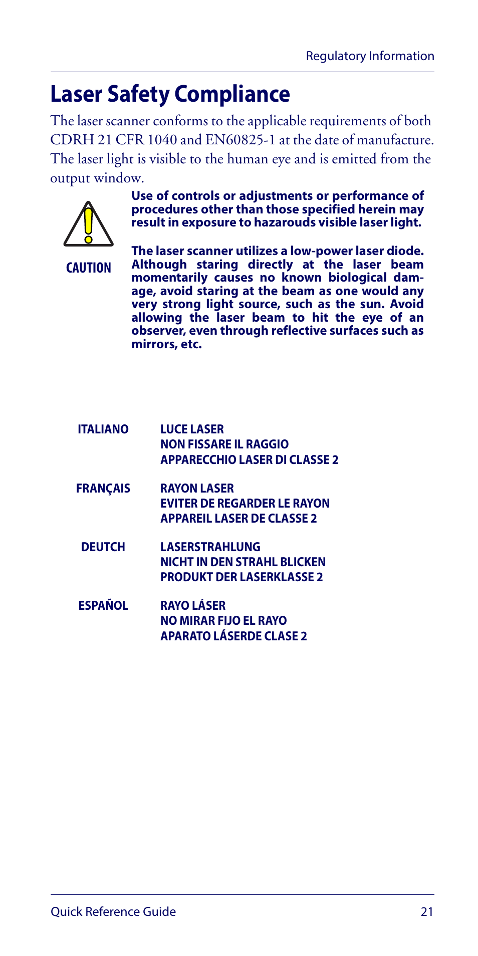 Laser safety compliance | Wasp Barcode WLS9600 Quick Reference Guide User Manual | Page 25 / 32