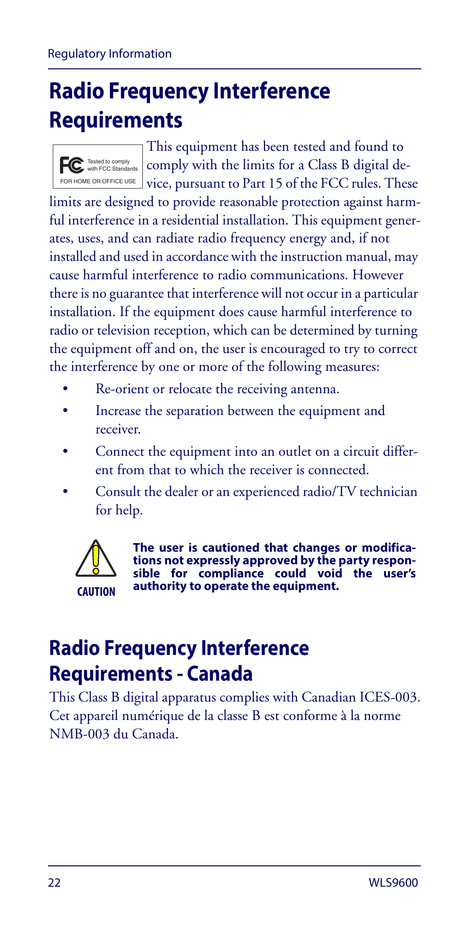 Radio frequency interference requirements, Radio frequency interference requirements - canada | Wasp Barcode WLS9600 Quick Reference Guide User Manual | Page 26 / 32