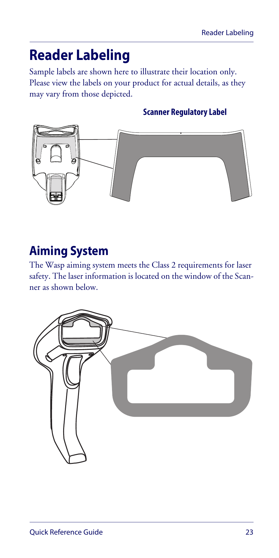 Reader labeling, Aiming system, Scanner regulatory label | Reader labeling quick reference guide 23 | Wasp Barcode WLS9600 Quick Reference Guide User Manual | Page 27 / 32