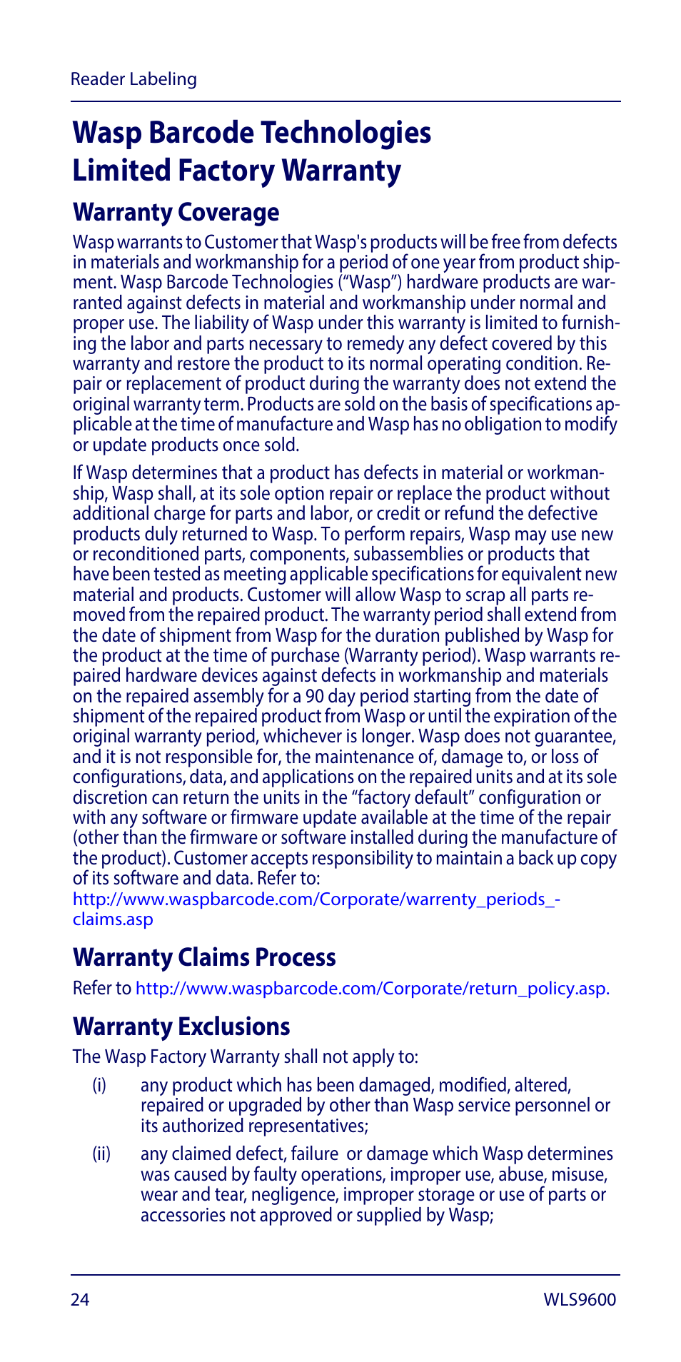Limited factory warranty, Wasp barcode technologies limited factory warranty, Warranty coverage | Warranty claims process, Warranty exclusions | Wasp Barcode WLS9600 Quick Reference Guide User Manual | Page 28 / 32