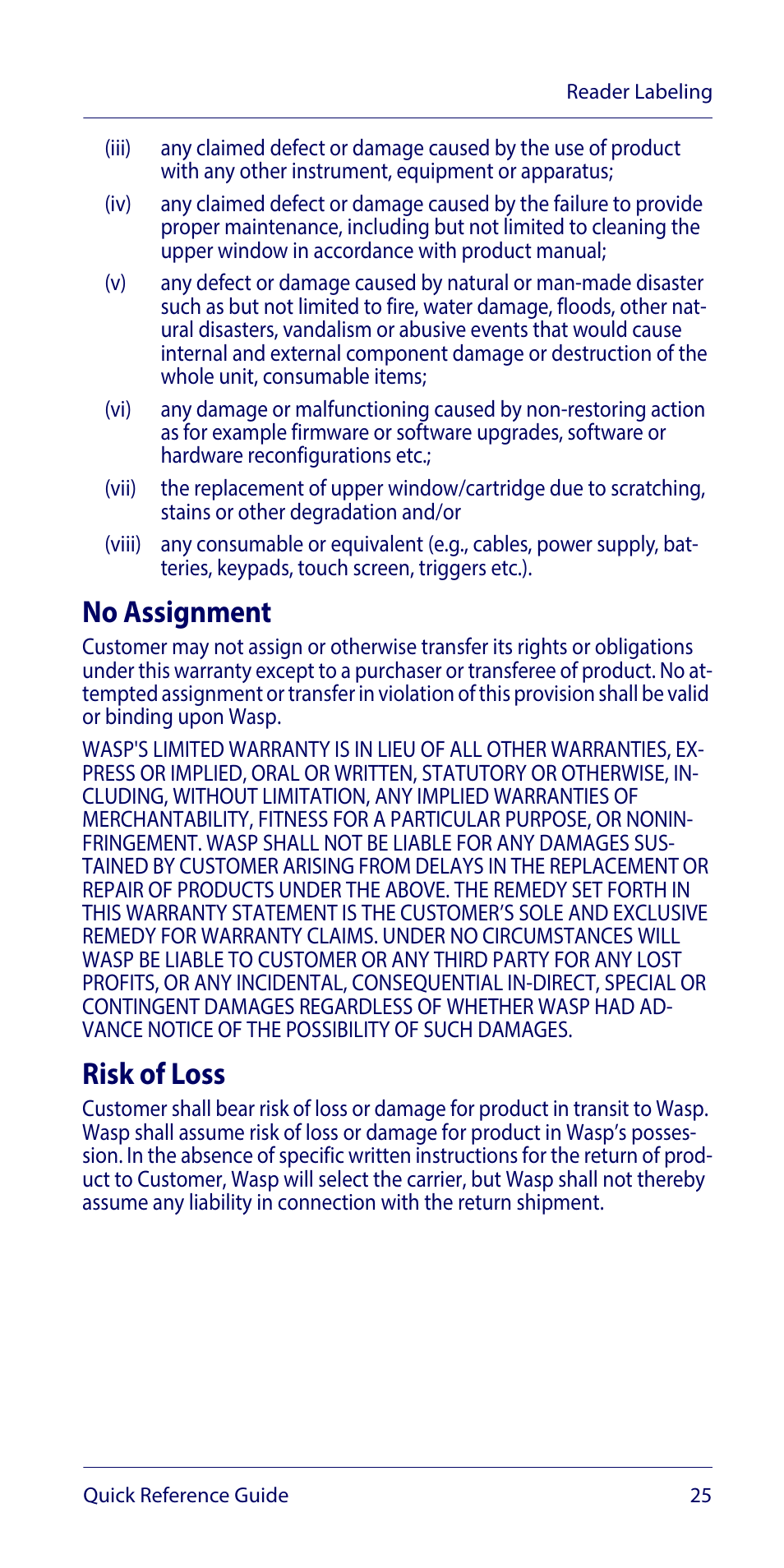 No assignment, Risk of loss | Wasp Barcode WLS9600 Quick Reference Guide User Manual | Page 29 / 32