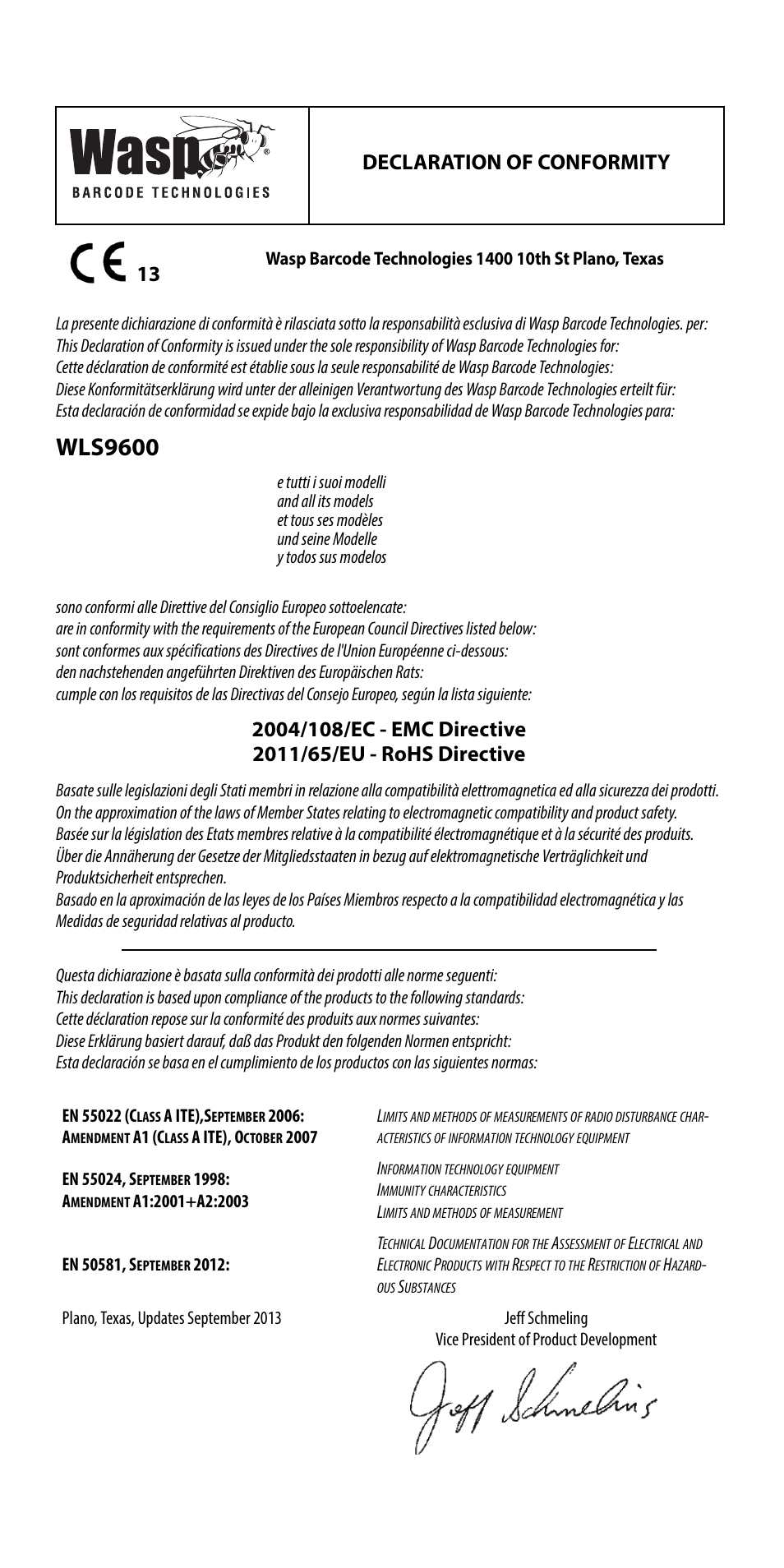 Wls9600, Declaration of conformity | Wasp Barcode WLS9600 Quick Reference Guide User Manual | Page 31 / 32