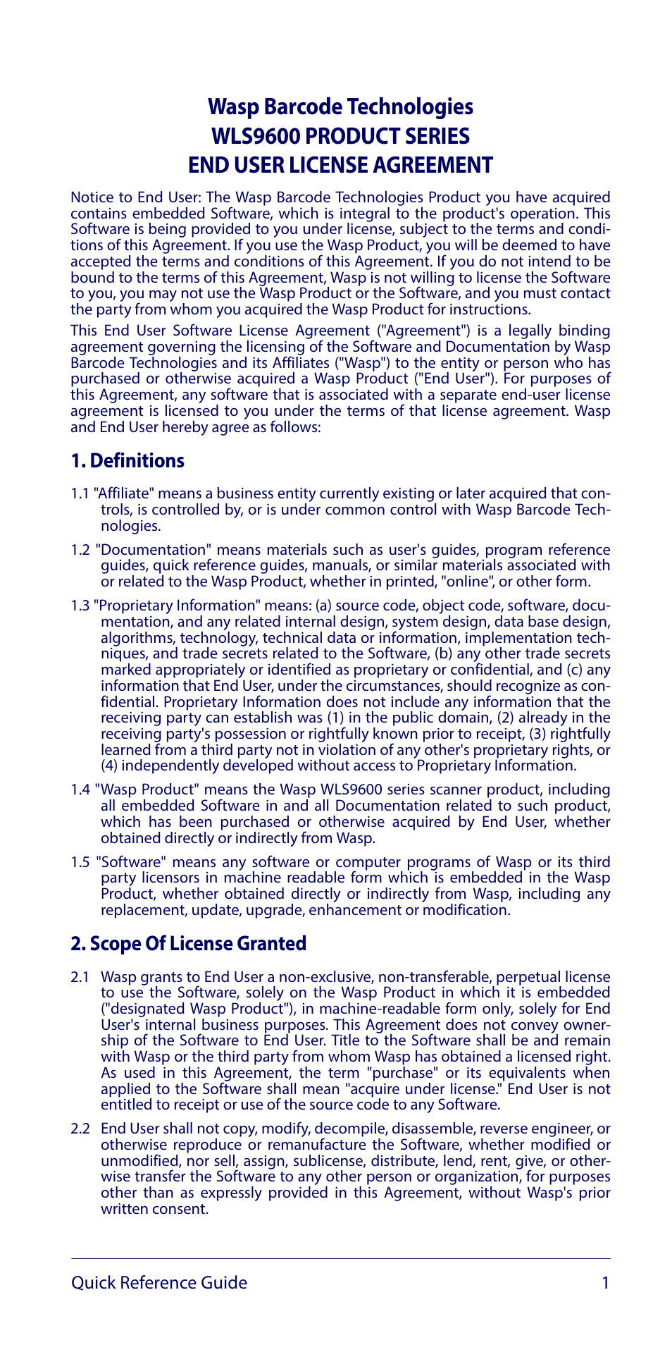 End user license agreement | Wasp Barcode WLS9600 Quick Reference Guide User Manual | Page 5 / 32