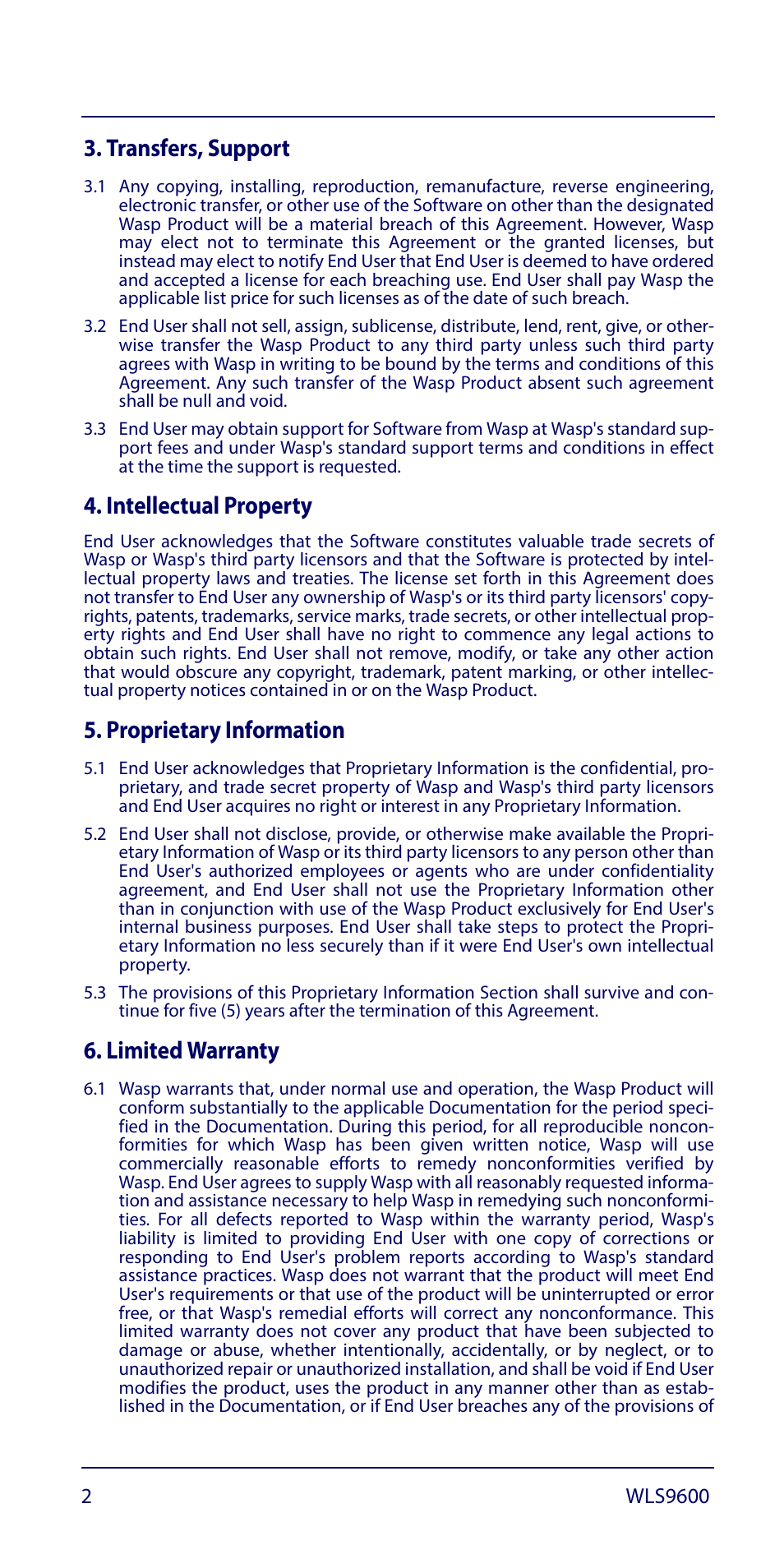 Transfers, support, Intellectual property, Proprietary information | Limited warranty | Wasp Barcode WLS9600 Quick Reference Guide User Manual | Page 6 / 32