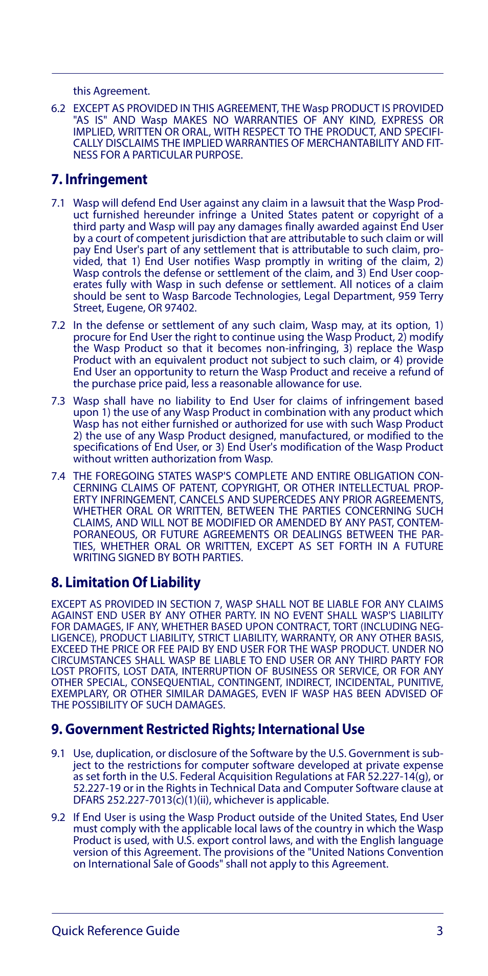 Infringement, Limitation of liability, Government restricted rights; international use | Wasp Barcode WLS9600 Quick Reference Guide User Manual | Page 7 / 32