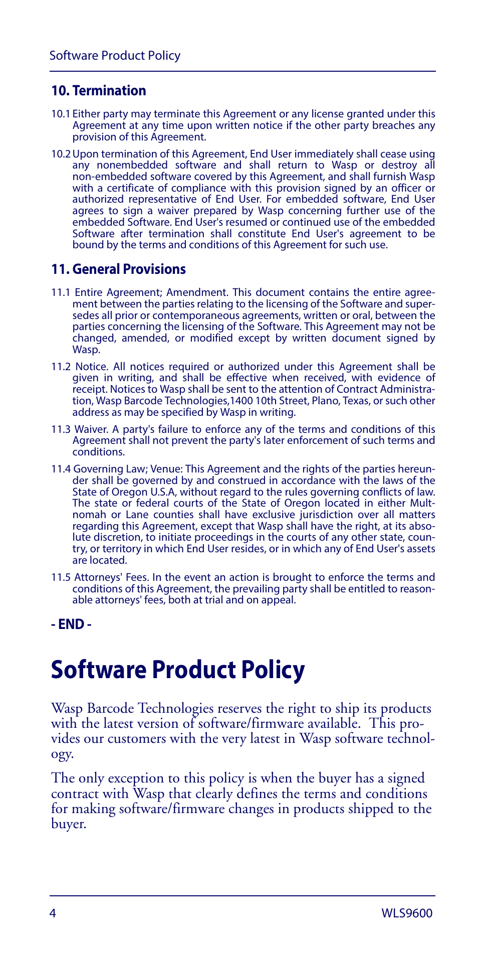 Software product policy | Wasp Barcode WLS9600 Quick Reference Guide User Manual | Page 8 / 32