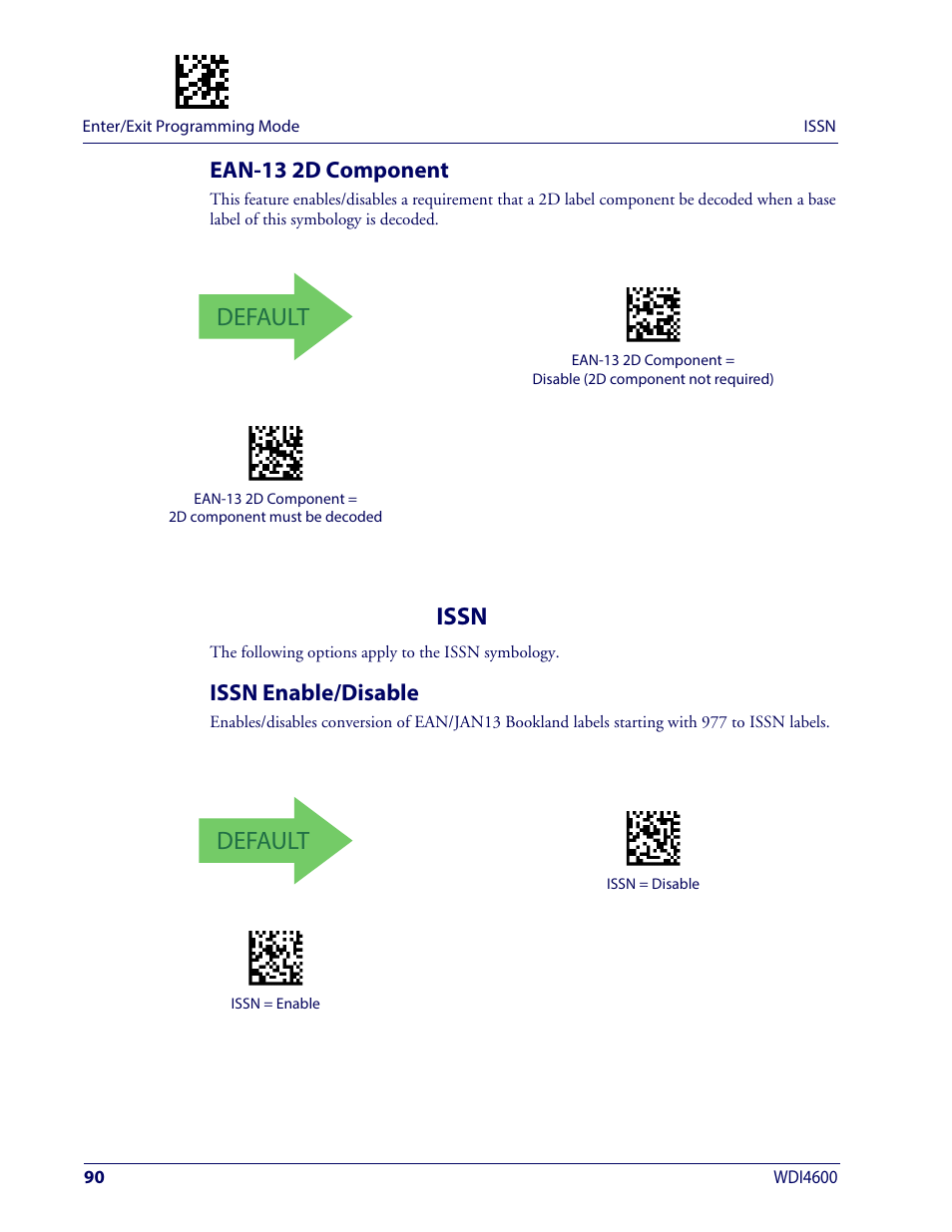 Ean-13 2d component, Issn, Issn enable/disable | Default | Wasp Barcode WDI4600 2D Product Reference Guide User Manual | Page 100 / 284
