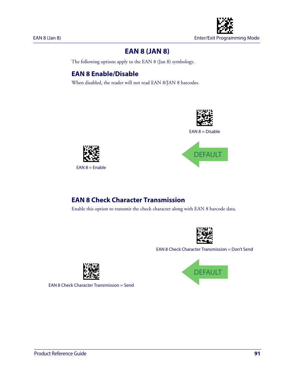 Ean 8 (jan 8), Ean 8 enable/disable, Ean 8 check character transmission | Default | Wasp Barcode WDI4600 2D Product Reference Guide User Manual | Page 101 / 284