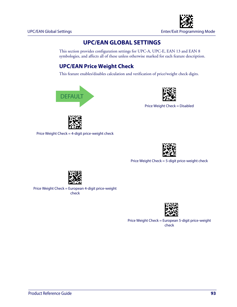 Upc/ean global settings, Upc/ean price weight check, Default | Wasp Barcode WDI4600 2D Product Reference Guide User Manual | Page 103 / 284