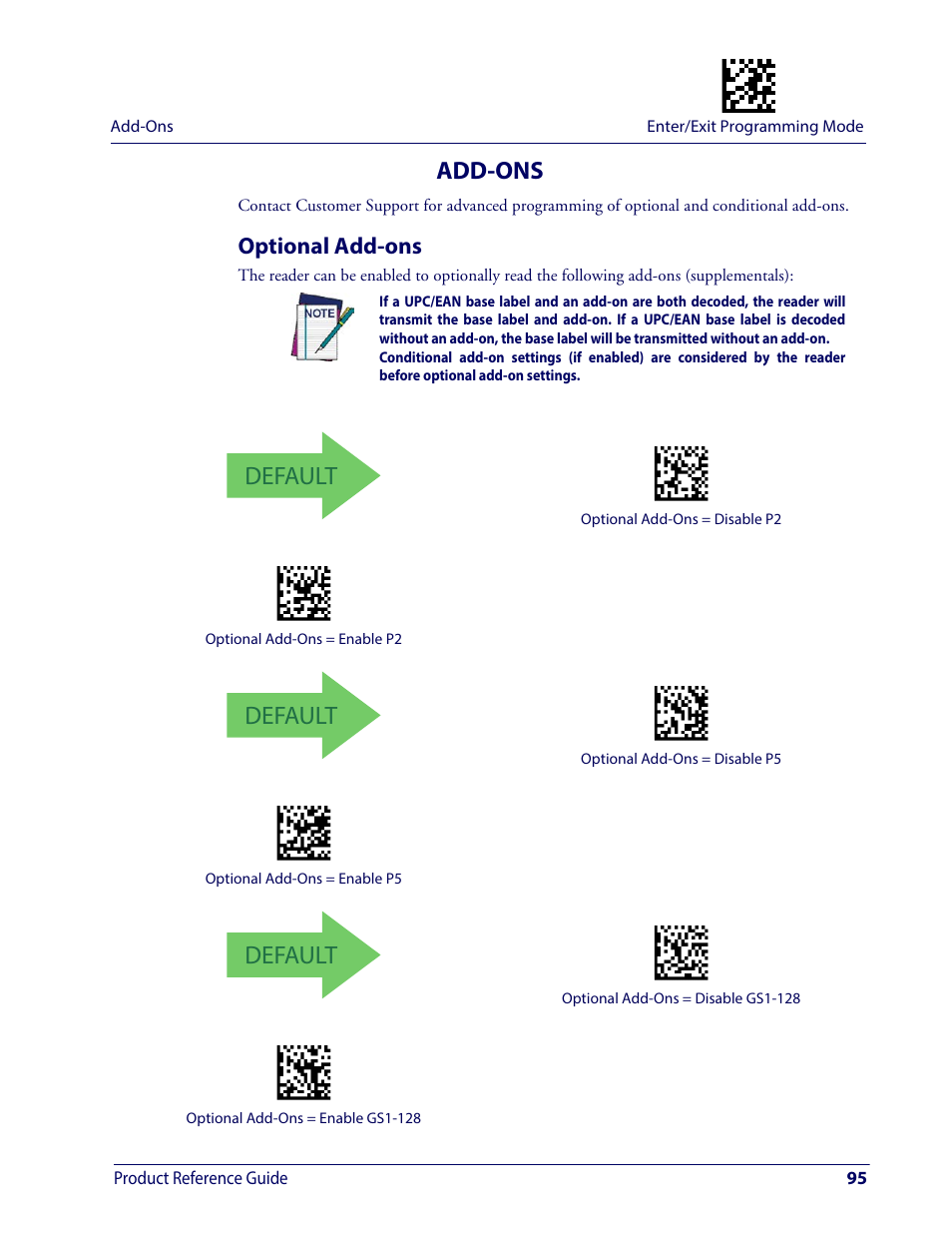 Add-ons, Optional add-ons, Default | Wasp Barcode WDI4600 2D Product Reference Guide User Manual | Page 105 / 284