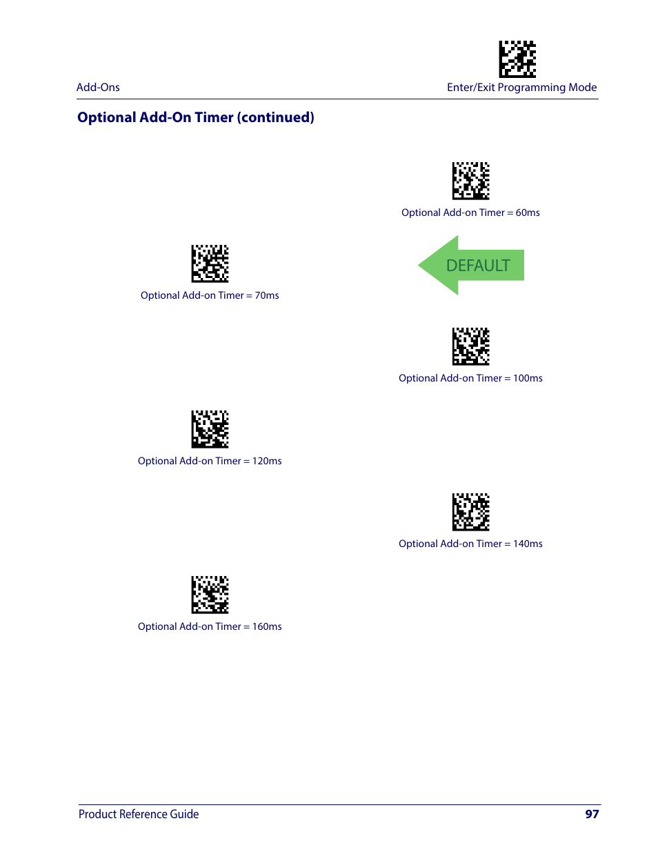 Default, Optional add-on timer (continued) | Wasp Barcode WDI4600 2D Product Reference Guide User Manual | Page 107 / 284