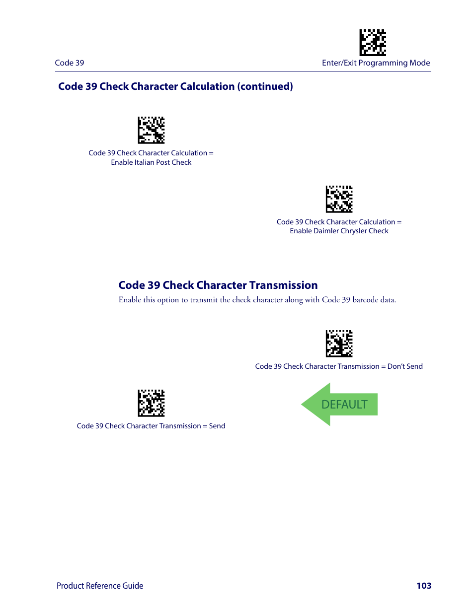 Code 39 check character transmission, Default, Code 39 check character calculation (continued) | Wasp Barcode WDI4600 2D Product Reference Guide User Manual | Page 113 / 284