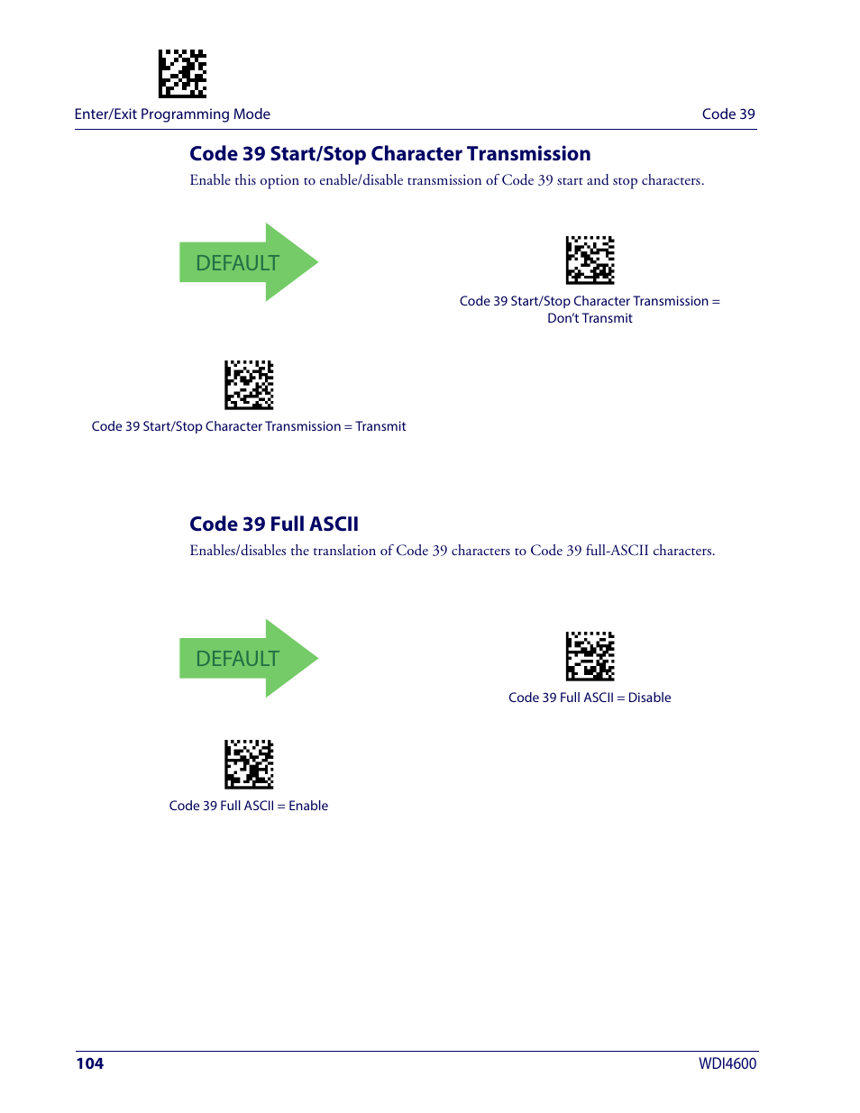 Code 39 start/stop character transmission, Code 39 full ascii, Default | Wasp Barcode WDI4600 2D Product Reference Guide User Manual | Page 114 / 284