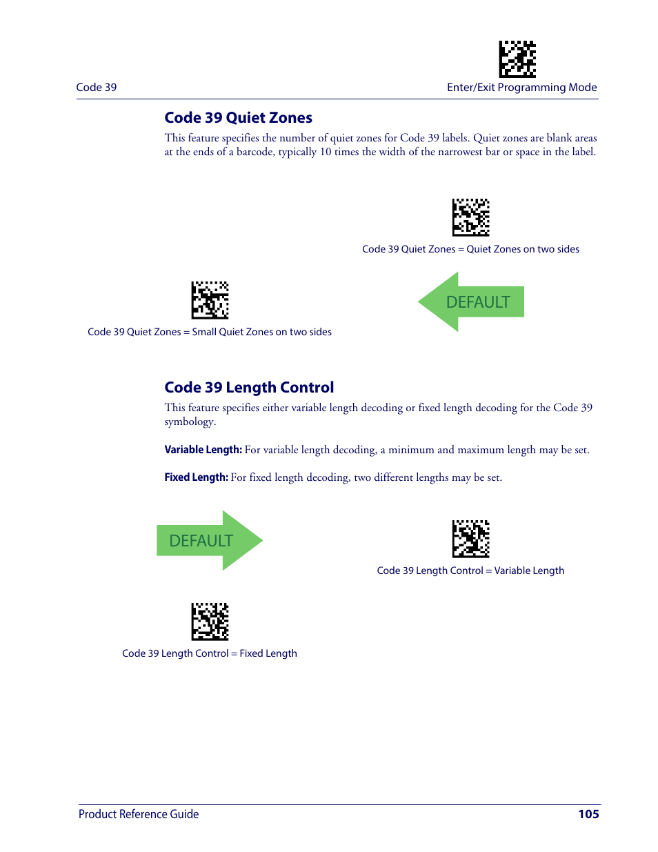 Code 39 quiet zones, Code 39 length control, Code 39 quiet zones code 39 length control | Default | Wasp Barcode WDI4600 2D Product Reference Guide User Manual | Page 115 / 284