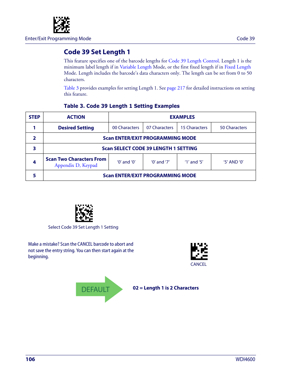 Code 39 set length 1, Default | Wasp Barcode WDI4600 2D Product Reference Guide User Manual | Page 116 / 284