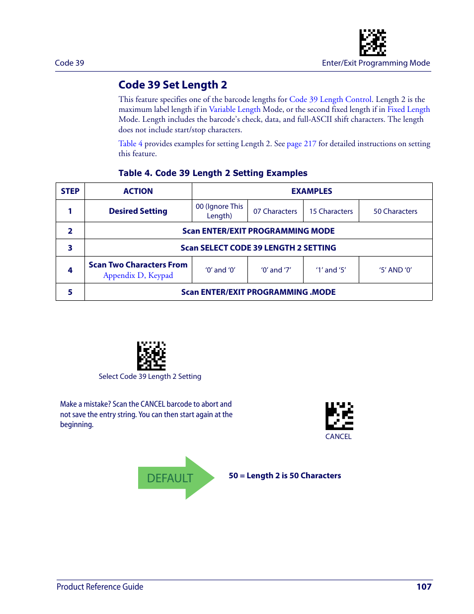 Code 39 set length 2, Default | Wasp Barcode WDI4600 2D Product Reference Guide User Manual | Page 117 / 284