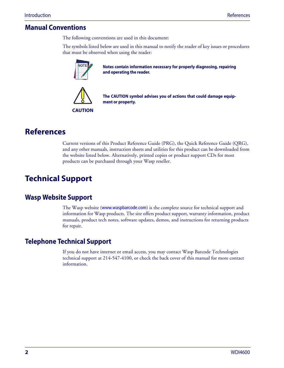 Manual conventions, References, Technical support | Wasp website support, Telephone technical support, References technical support, Wasp website support telephone technical support | Wasp Barcode WDI4600 2D Product Reference Guide User Manual | Page 12 / 284