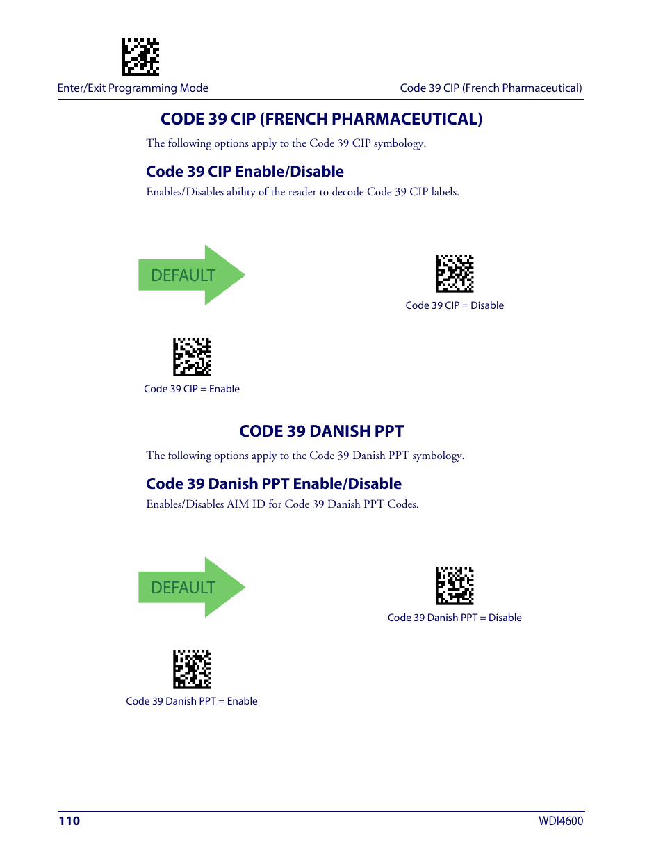 Code 39 cip (french pharmaceutical), Code 39 cip enable/disable, Code 39 danish ppt | Code 39 danish ppt enable/disable, Default | Wasp Barcode WDI4600 2D Product Reference Guide User Manual | Page 120 / 284