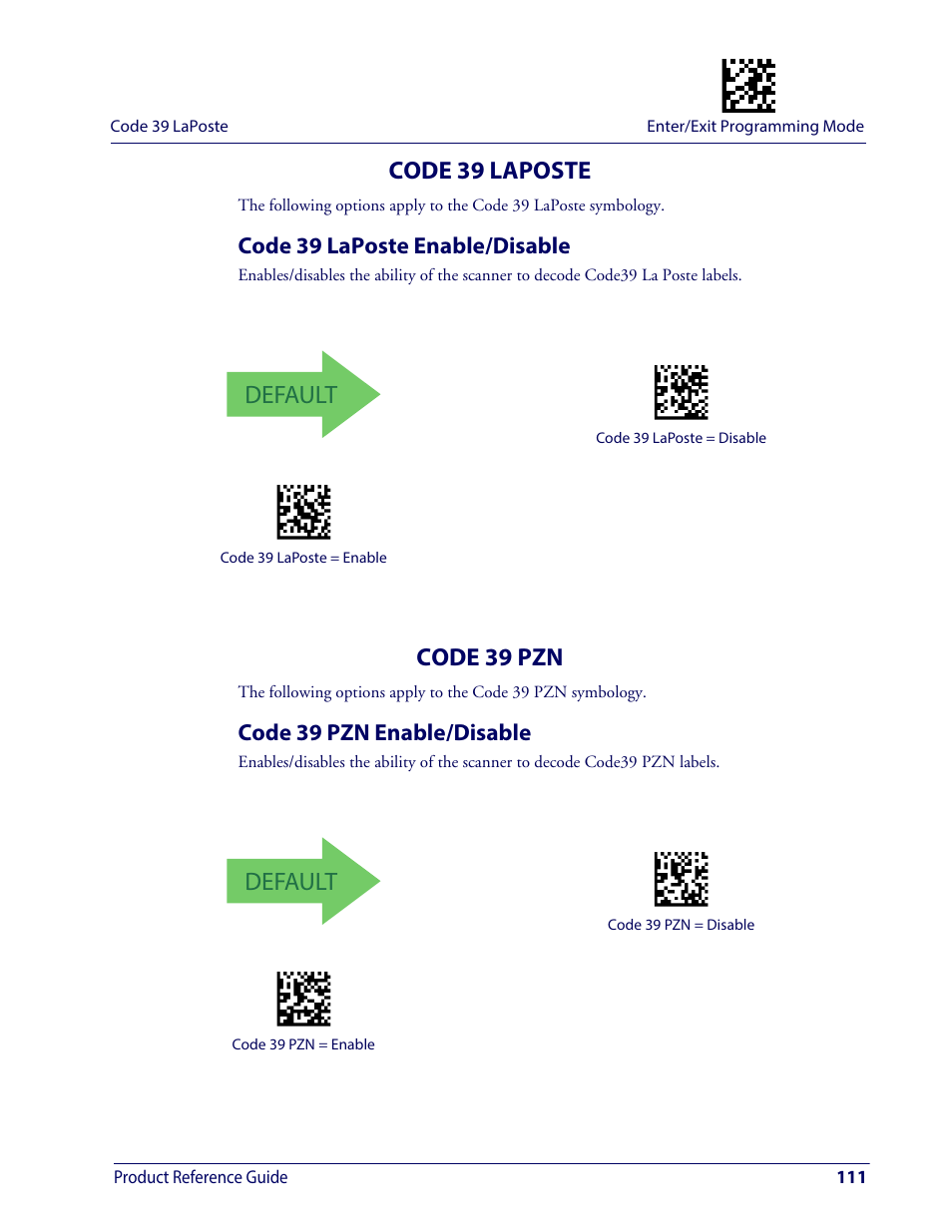 Code 39 laposte, Code 39 laposte enable/disable, Code 39 pzn | Code 39 pzn enable/disable, Default | Wasp Barcode WDI4600 2D Product Reference Guide User Manual | Page 121 / 284