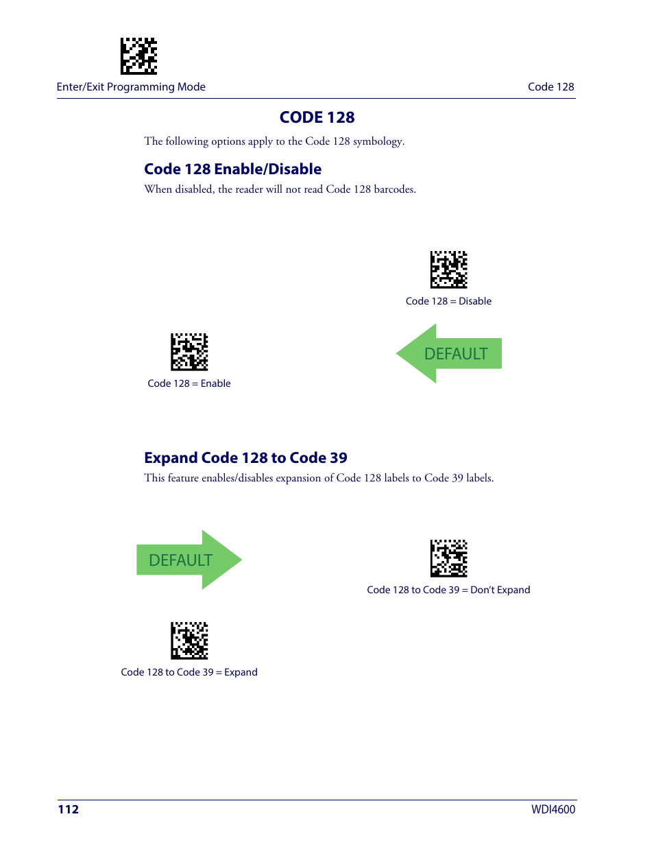 Code 128, Code 128 enable/disable, Expand code 128 to code 39 | Code 128 enable/disable expand code 128 to code 39, Default | Wasp Barcode WDI4600 2D Product Reference Guide User Manual | Page 122 / 284