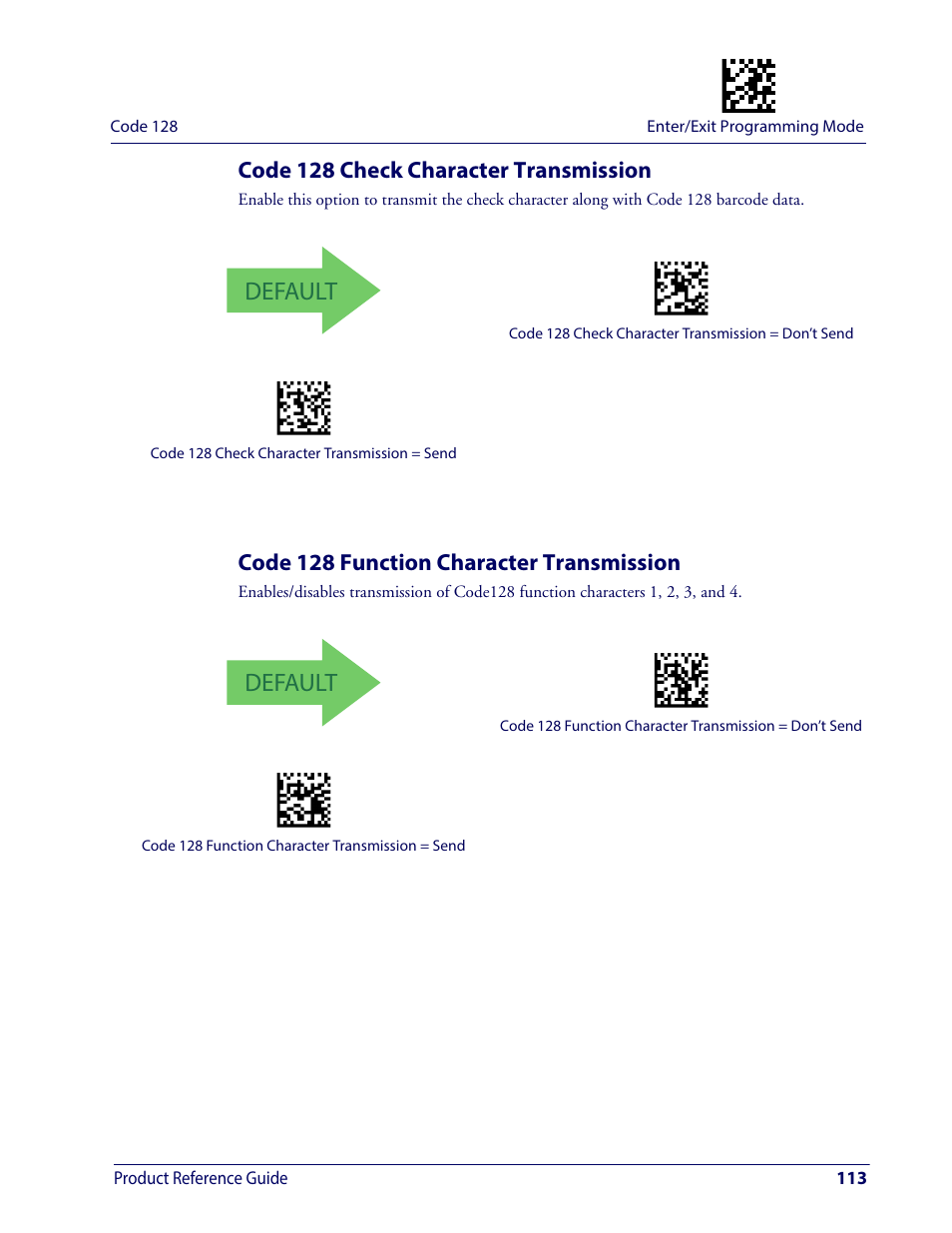 Code 128 check character transmission, Code 128 function character transmission, Default | Wasp Barcode WDI4600 2D Product Reference Guide User Manual | Page 123 / 284