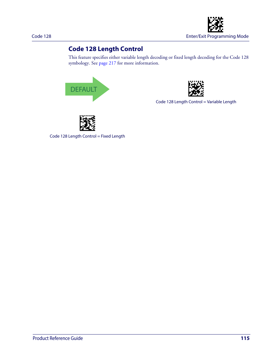 Code 128 length control, Default | Wasp Barcode WDI4600 2D Product Reference Guide User Manual | Page 125 / 284