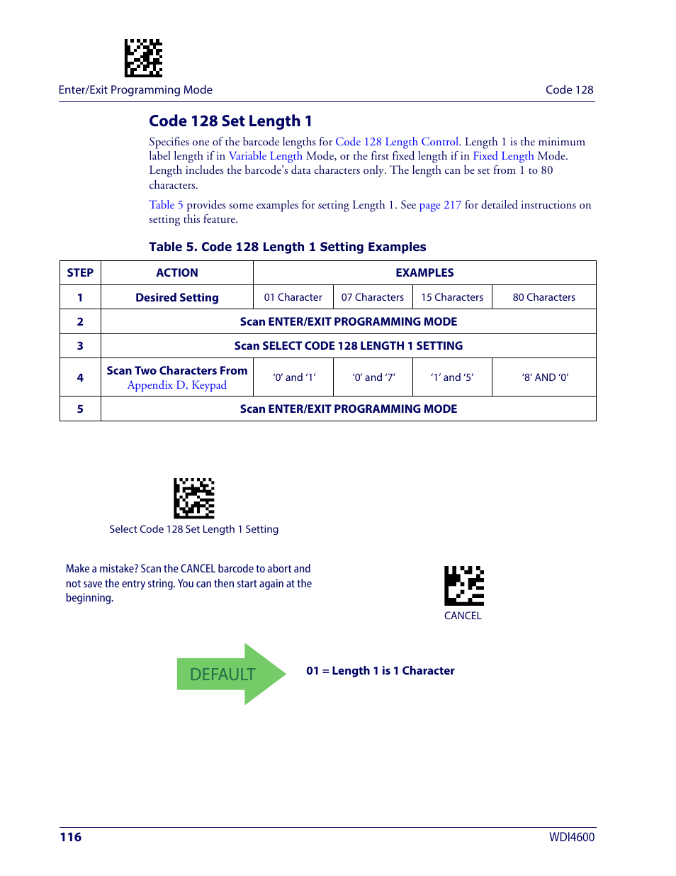 Code 128 set length 1, Default | Wasp Barcode WDI4600 2D Product Reference Guide User Manual | Page 126 / 284