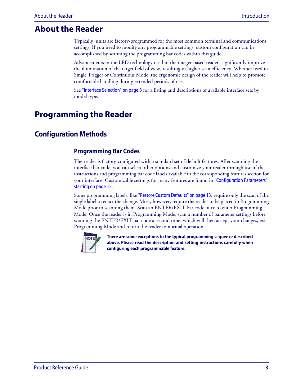About the reader, Programming the reader, Configuration methods | About the reader programming the reader | Wasp Barcode WDI4600 2D Product Reference Guide User Manual | Page 13 / 284