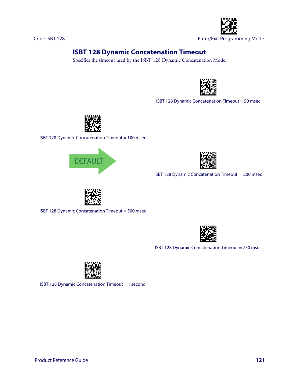 Isbt 128 dynamic concatenation timeout, Default | Wasp Barcode WDI4600 2D Product Reference Guide User Manual | Page 131 / 284