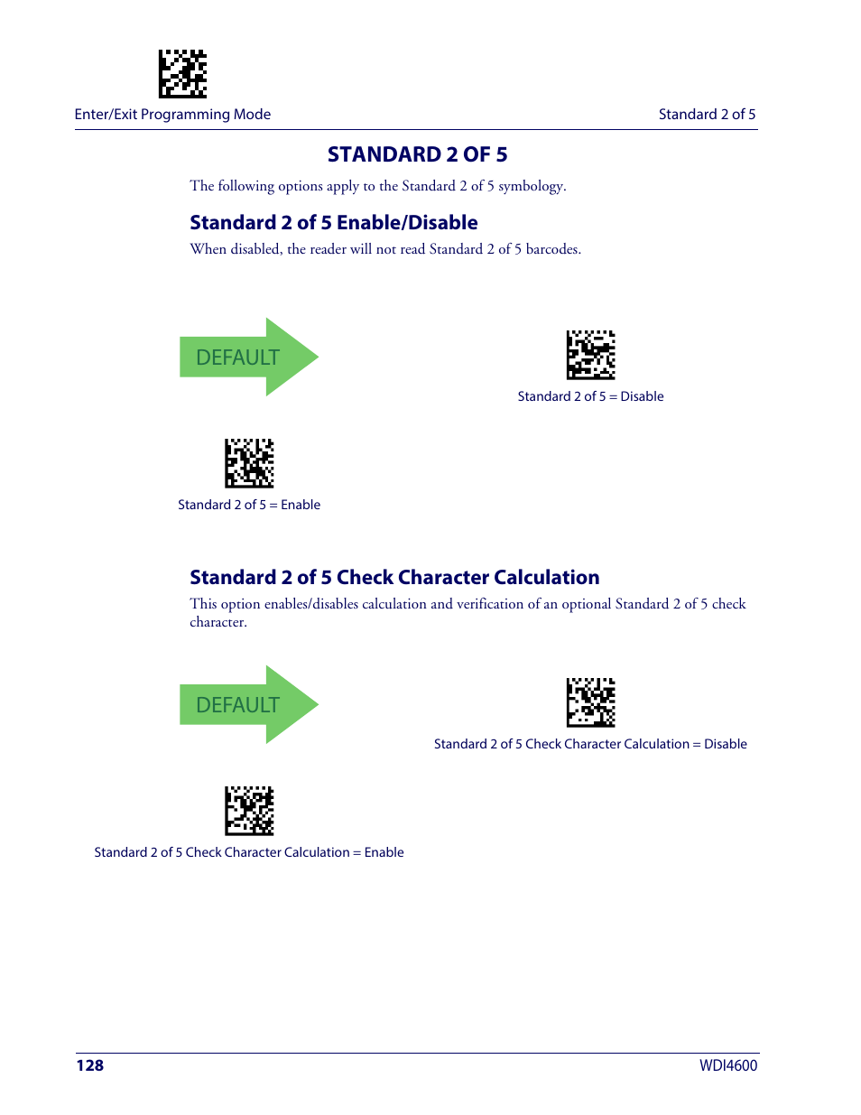 Standard 2 of 5, Standard 2 of 5 enable/disable, Standard 2 of 5 check character calculation | Default | Wasp Barcode WDI4600 2D Product Reference Guide User Manual | Page 138 / 284