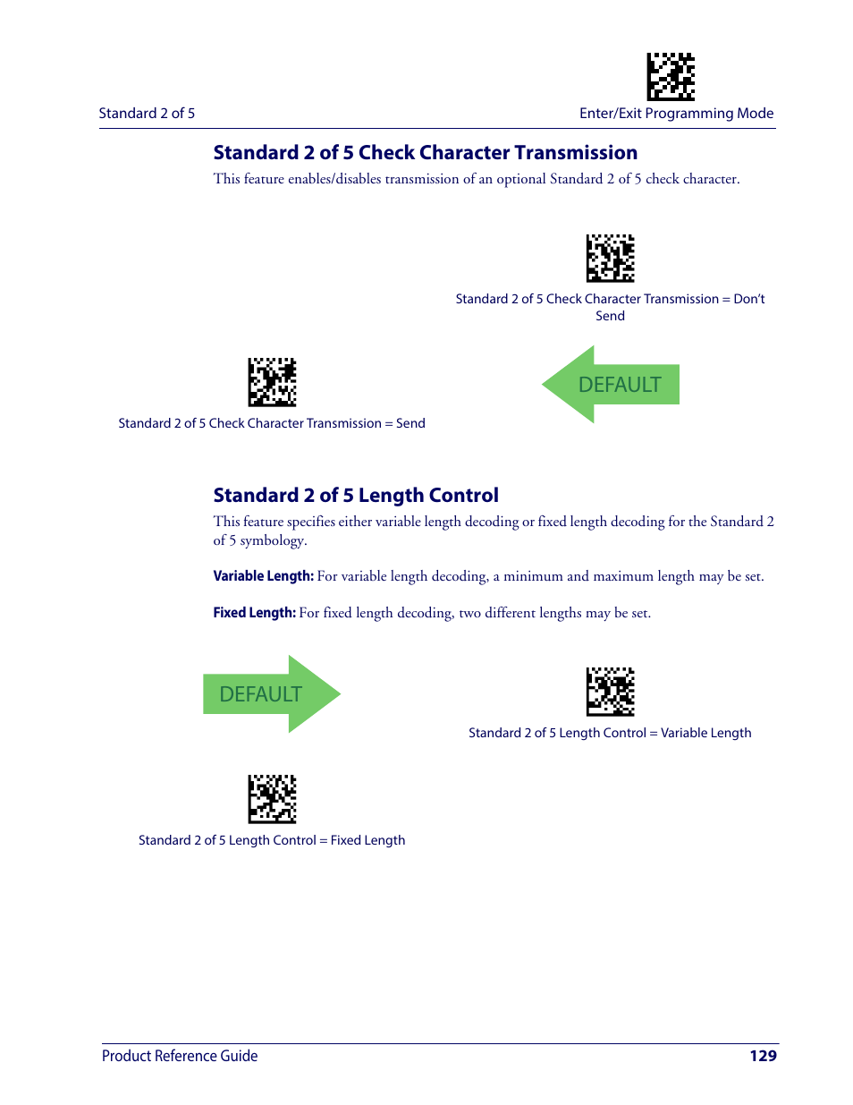 Standard 2 of 5 check character transmission, Standard 2 of 5 length control, Default | Wasp Barcode WDI4600 2D Product Reference Guide User Manual | Page 139 / 284