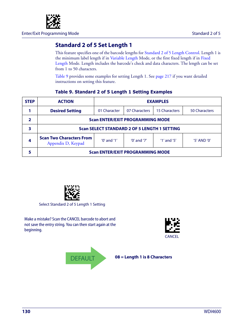 Standard 2 of 5 set length 1, Default | Wasp Barcode WDI4600 2D Product Reference Guide User Manual | Page 140 / 284