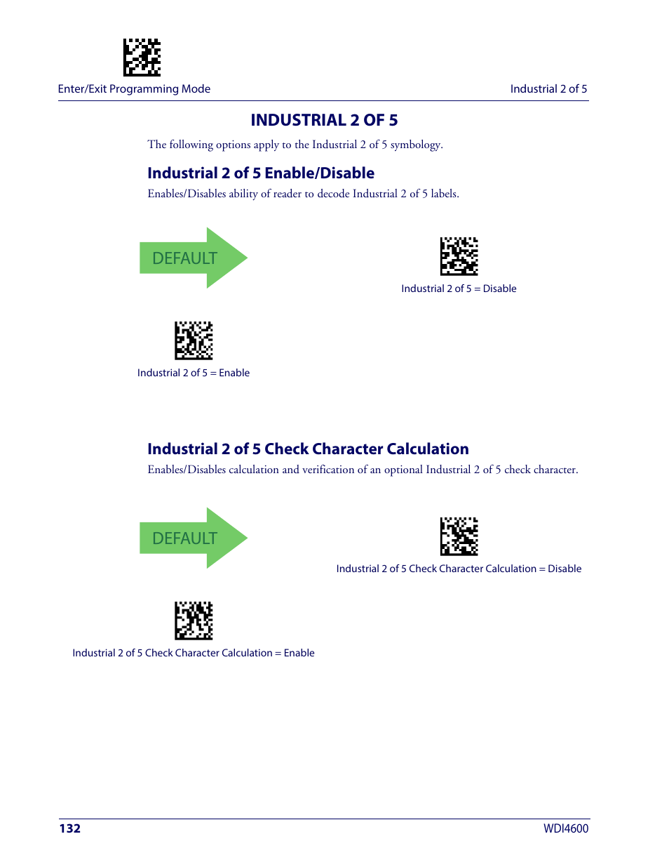 Industrial 2 of 5, Industrial 2 of 5 enable/disable, Industrial 2 of 5 check character calculation | Default | Wasp Barcode WDI4600 2D Product Reference Guide User Manual | Page 142 / 284