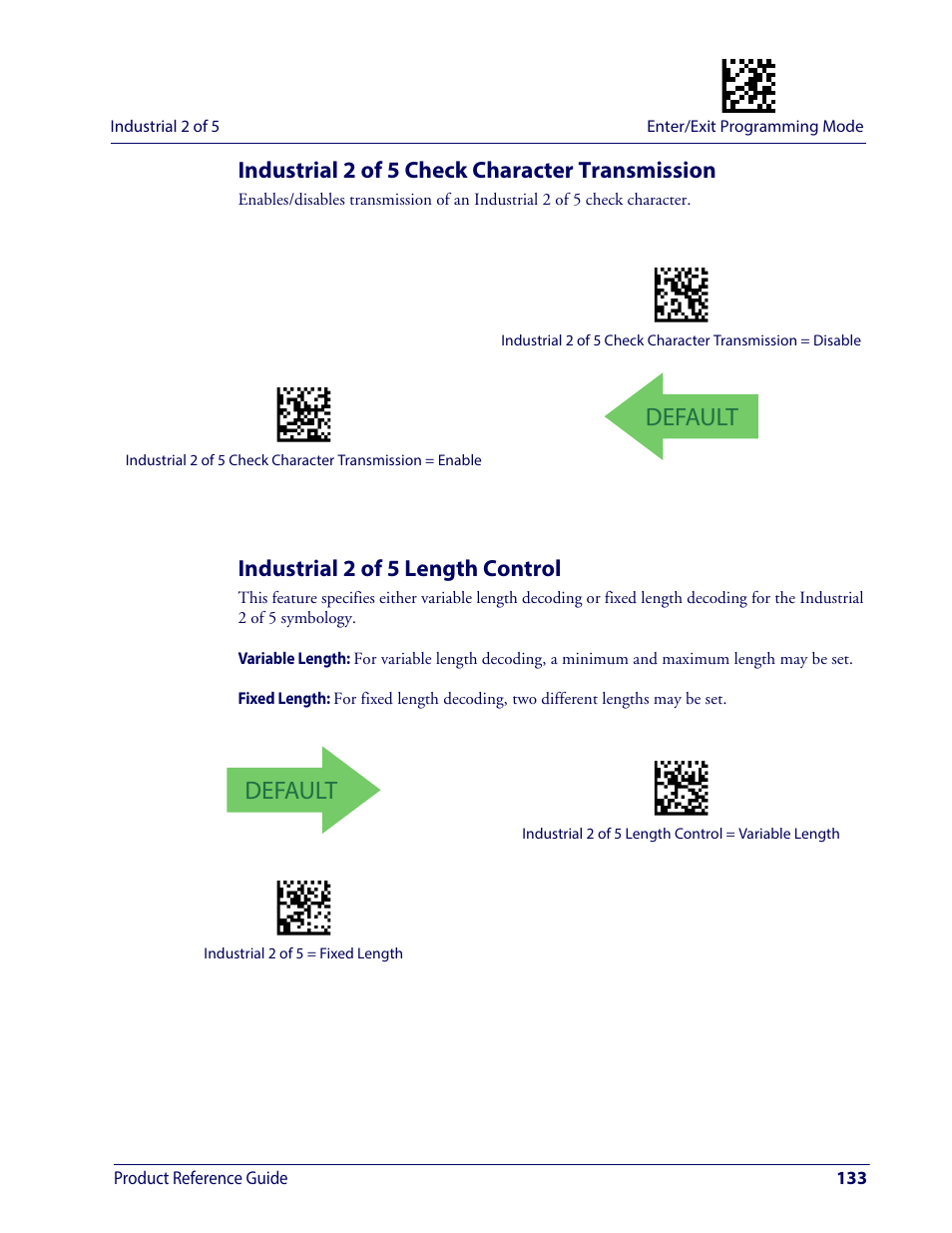 Industrial 2 of 5 check character transmission, Industrial 2 of 5 length control, Default | Wasp Barcode WDI4600 2D Product Reference Guide User Manual | Page 143 / 284