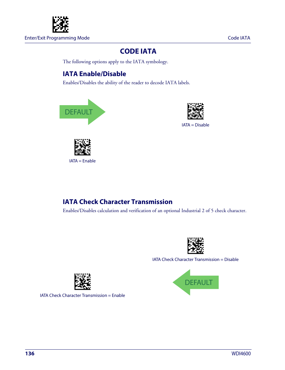 Code iata, Iata enable/disable, Iata check character transmission | Default | Wasp Barcode WDI4600 2D Product Reference Guide User Manual | Page 146 / 284
