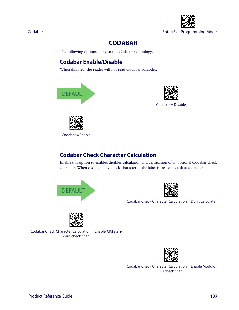 Codabar, Codabar enable/disable, Codabar check character calculation | Default | Wasp Barcode WDI4600 2D Product Reference Guide User Manual | Page 147 / 284