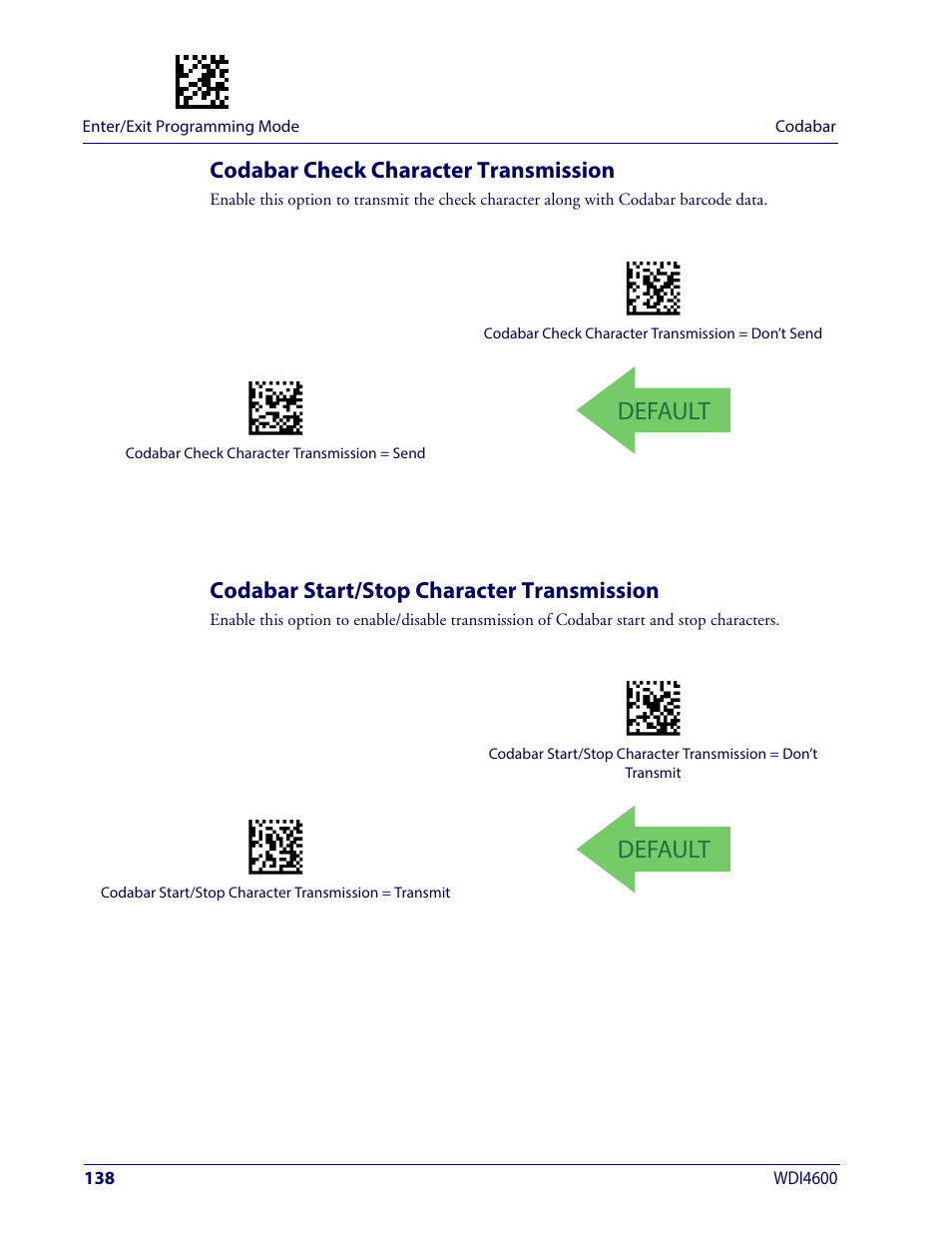 Codabar check character transmission, Codabar start/stop character transmission, Default | Wasp Barcode WDI4600 2D Product Reference Guide User Manual | Page 148 / 284