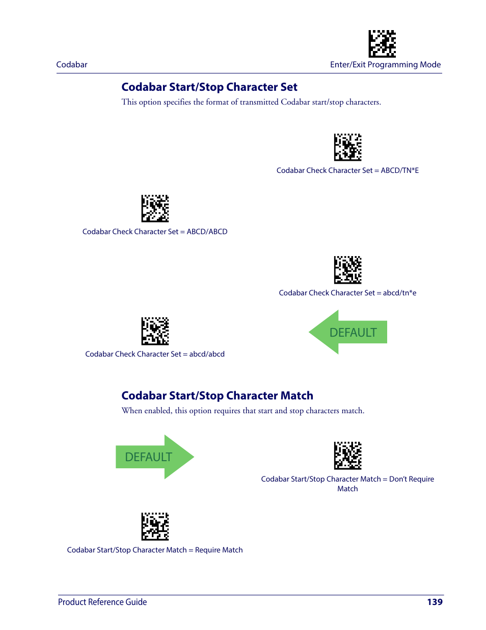 Codabar start/stop character set, Codabar start/stop character match, Default | Wasp Barcode WDI4600 2D Product Reference Guide User Manual | Page 149 / 284